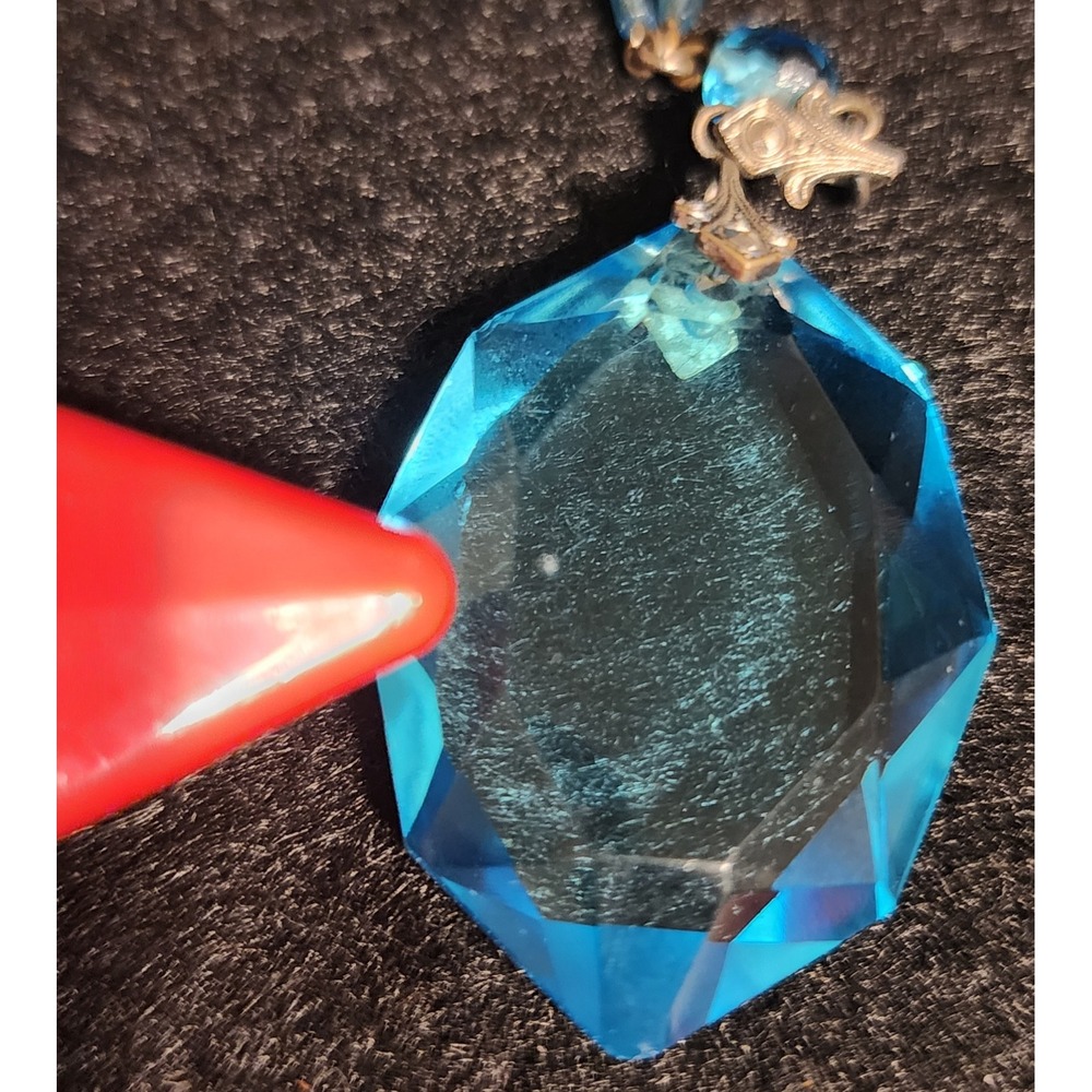 VTG Art Deco Aqua Blue Glass Bead Necklace Large Faceted Pendant 22 In READ - Picture 10 of 10